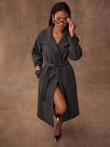 SHEIN BAE Elegant Fashion Button Pocket Long Sleeve Overcoat For Commute - Black - View 3