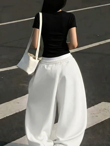 SHEIN 女款純色彈性腰休閒百搭日常運動長褲 - 白色 - 查看 2