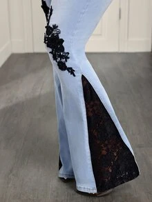 SHEIN Tall Women's Contrast Lace Elegant Flare Leg Jeans With Pockets - Blue - View 7
