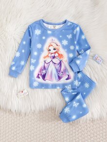 SHEIN 女嬰貼身睡衣套裝，柔軟針織雪花公主圖案，圓領長袖套頭上衣與長褲，2件組，本產品需在紫外線光下發光 - 彩色 - 查看 4