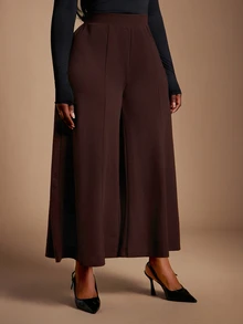 SHEIN SXY Plus Size Women's Casual Coffee Brown High Waist Wide Leg Cropped Pants Fall - Brown - View 3