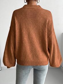 SHEIN 秋冬法式慵懶圓領寬鬆休閒百搭長袖針織毛衣 - 薑色 - 查看 2