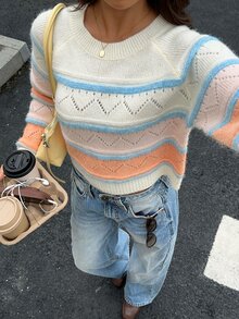Dulcita Women's Colorblock Round Neck Raglan Long Sleeve Casual Sweater - Multicolor - View 1