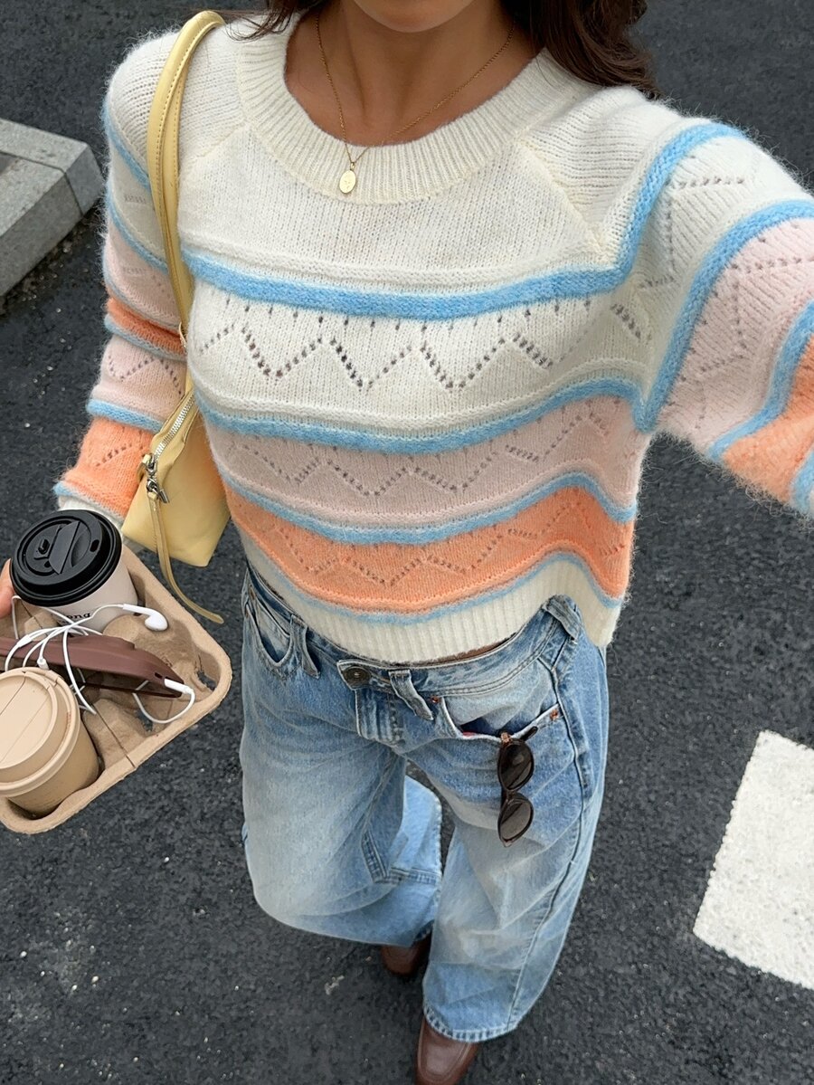 Dulcita Women's Colorblock Round Neck Raglan Long Sleeve Casual Sweater - Multicolor - View 1
