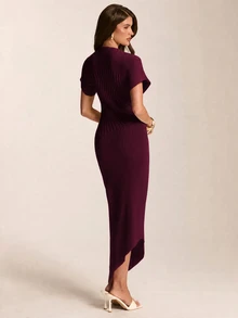 SHEIN BAE Korean Style Elegant Ribbed Knit Asymmetrical Bodycon Dress For Women Summer Slimming Fitted Stretch Body-Hugging Base Brunch Tea Party Off-White - Purple - View 2