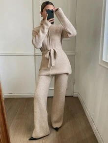 DAZY 女款純色打結腰長袖上衣與長褲針織兩件套 冬季 - 卡其色 - 查看 4