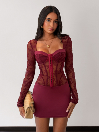 Glamine 2026 Autumn/Winter Early Autumn Sexy Party Date Lace Patchwork Long Sleeve Steel Hoop Women's Short Dress