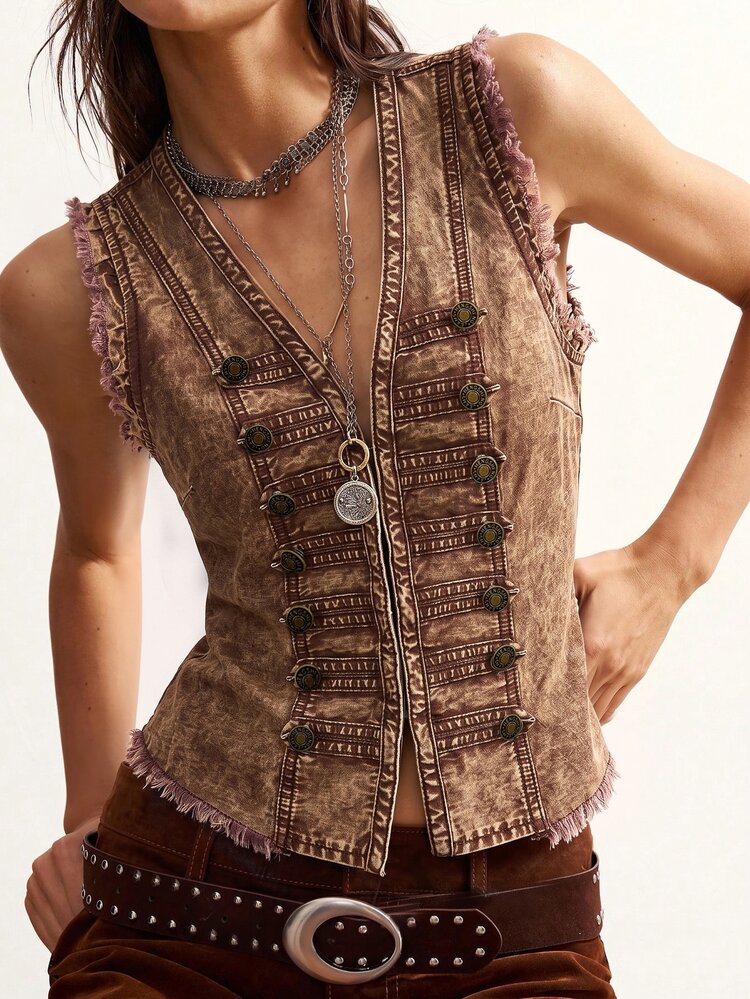 Bohemela Casual Brown Woven Washed Women's Vest Jacket - Brown - View 9