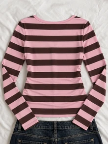 Tween Girl Striped Long Kids Sleeve Casual Versatile T-Shirt With Faux Button Design - White - View 2