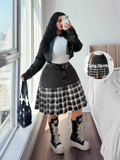 Jeanoix Y2K Plus Size Women's Non-Stretch Denim Skirt Black Cow Patchwork Plaid Denim Pleated Design Cowboy Outfits For Women