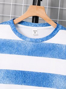 SHEIN 青少年男孩丹寧效果條紋印花圓領長袖休閒T恤 - 彩色 - 查看 4