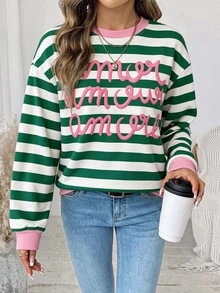 SHEIN LUNE 女款休閒字母條紋拼接色塊運動衫，適合秋冬穿搭 - 白色 - 查看 2
