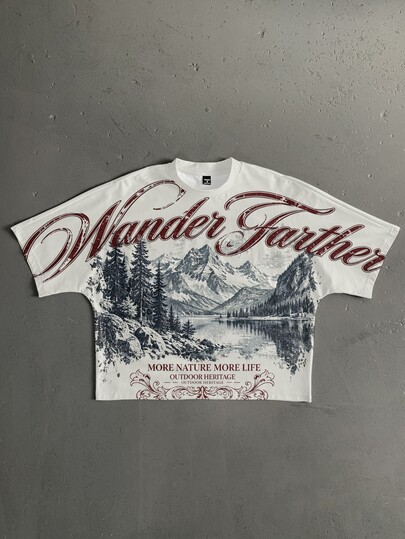 StoneGrade American Vintage Curved English Typography Iceberg Landscape Print Full-Coverage Fashion Men's Standard Size Cropped Loose Fit Batwing Sleeve Short Sleeve T-Shirt