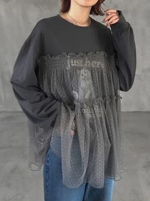 FRIFUL 女款字母貓咪印花圓領長袖拼接波點白色網紗荷葉邊休閒T恤，日常夏季穿搭 - 灰色 - 查看 5