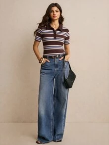 Poéselle 女款新款棉混紡針織條紋撞色 Polo 短袖 T 恤，休閒街頭、辦公、學院風，萬聖節與聖誕節穿搭 - 彩色 - 查看 3