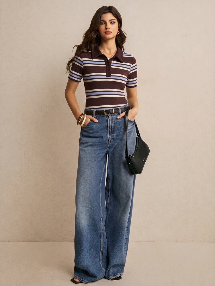 Poéselle Women's New Cotton-Blend Knit Striped Contrast Polo Short-Sleeve T-Shirt, Casual Street, Office, Preppy Style, Halloween & Christmas Wear - Multicolor - View 3