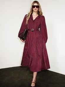 Aveloria Modichic French Elegant Vintage Commuter Burgundy Vertical Striped Blazer Collar Asymmetric Metal Buckle Belt Lantern Sleeve Long Sleeve Dress - Burgundy - View 6