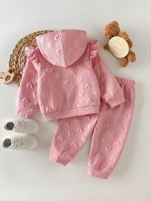 Cozy Pixies 女嬰女童心形層次感連帽短袖長袖夾克與鬆緊腰長褲2件套，適合秋冬，休閒時尚，百搭 - 粉色 - 查看 3