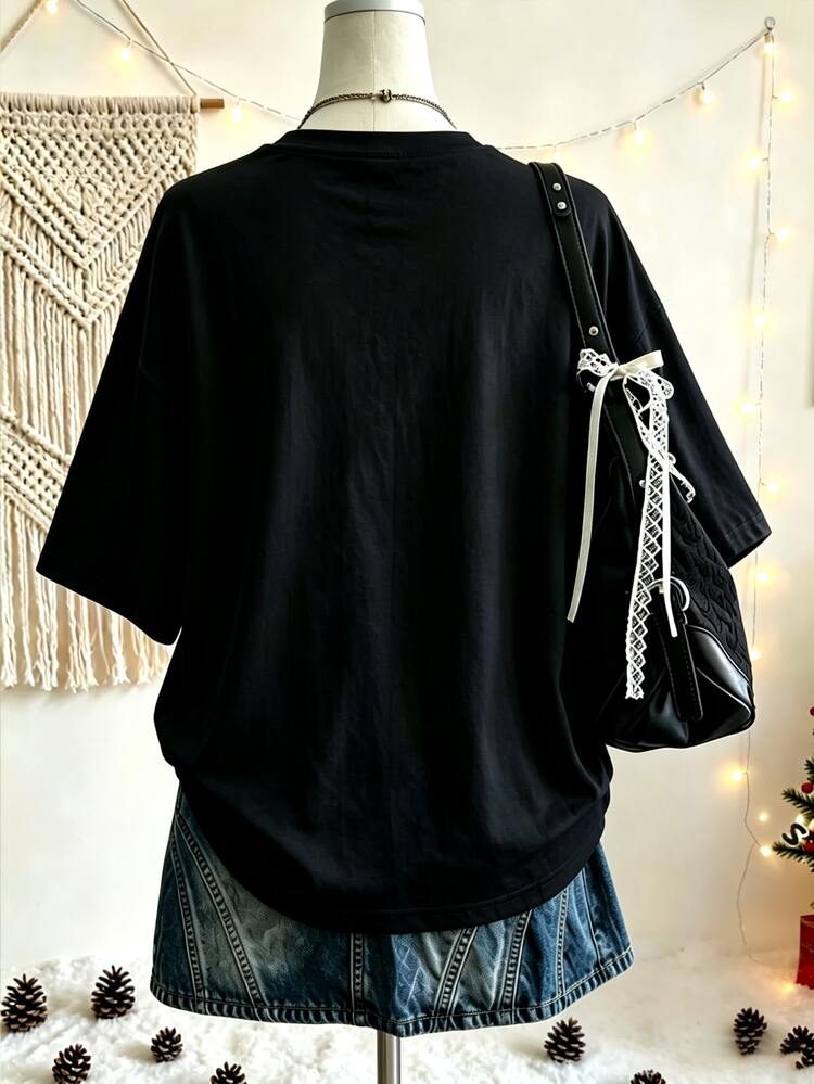 Lalippa Women's Loose Red T-Shirt, Christmas Happy Foam Print Letter Short Sleeve T-Shirt, Casual Holiday Pattern Top, Suitable For Winter Holiday Party Wear - Black - View 2
