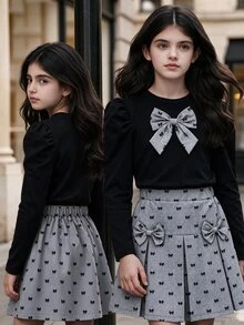 SHEIN Tween Girls Puff Long Sleeve Bow Top And Pleated Skirt Two Pieces Preppy Outfit Set - Multicolor - View 5
