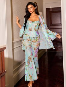 Slumberist Sweet Floral Frill Trim Camisole Set With Waist Tie, Long Sleeve Robe And Wide Leg Pants, 3 Pieces Loungewear - Green - View 4