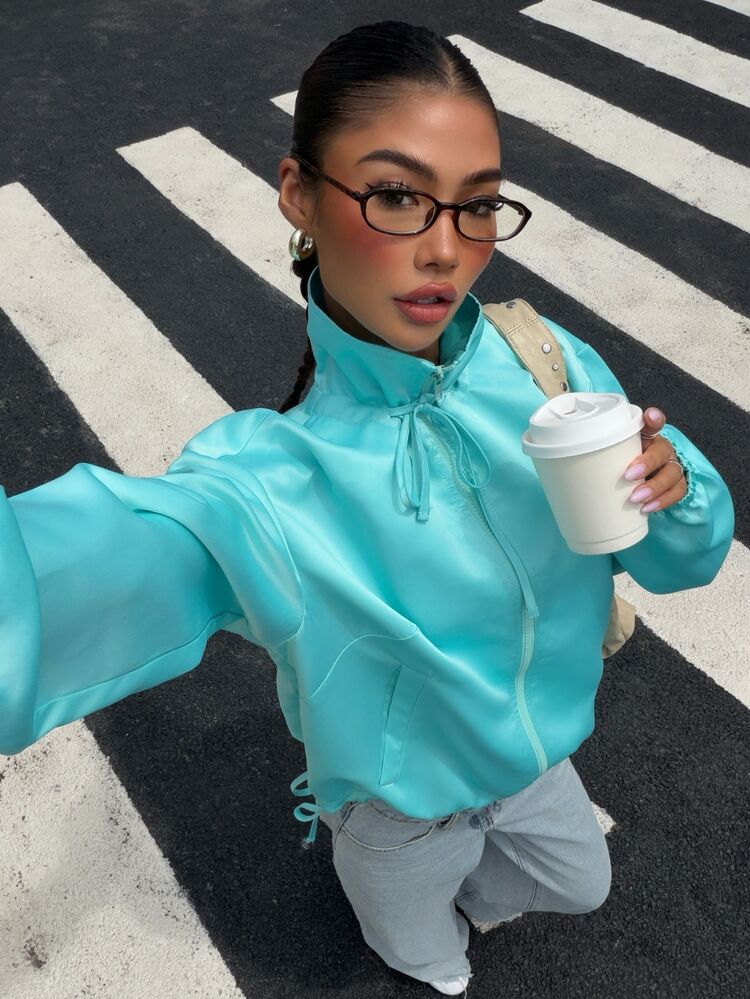 Muchica Women's Fashion Zipper & Lace-Up Long Sleeve Jacket - Mint Blue - View 5