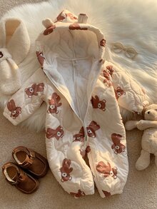 SHEIN 中性新生兒嬰兒男/女童、幼兒秋冬保暖內裡加厚可愛熊造型連帽連身衣、嬰兒冬季連身衣、雪衣、吊帶褲 - 杏色 - 查看 1