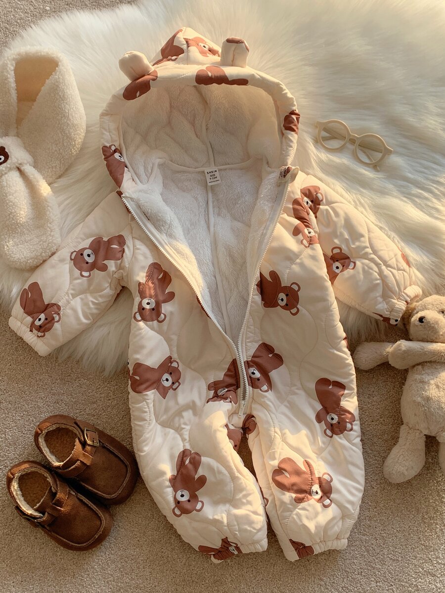 SHEIN 中性新生兒嬰兒男/女童、幼兒秋冬保暖內裡加厚可愛熊造型連帽連身衣、嬰兒冬季連身衣、雪衣、吊帶褲 - 杏色 - 查看 1