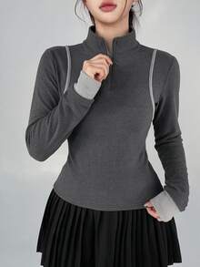 DAZY Women's Autumn/Winter Korean Style Dark Gray Half-Zip Turn-Down Collar Slim Fit Contrast Line Decor Fitness Outdoor Running Polo Shirt Casual Sports T-Shirt - Dark Grey - View 7