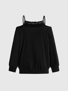 ROMWE Plus Size Dark Gothic Forest Crow & Withered Tree Pattern Off-Shoulder Contrast Lace Black Gothic Vine Loose Sweatshirt - Black - View 4