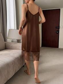 DAZY Lace Patchwork Spaghetti Strap Short Nightgown Dress Summer Outfit For Women - Coffee Brown - View 2