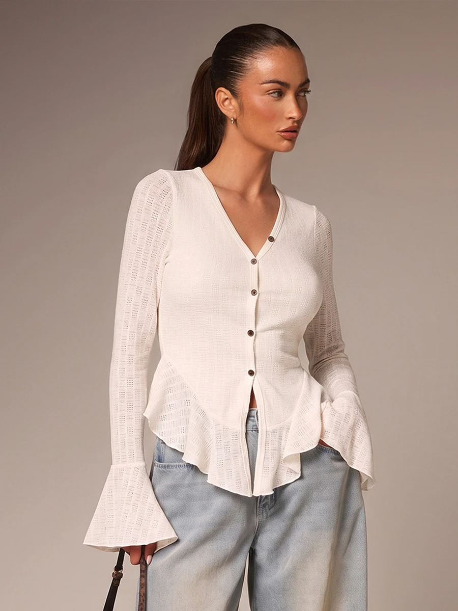 Athîral Women's V-Neck Contrast Color Button-Front Ruffle Trim Elegant Blouse, Autumn/Winter Clothing, Suitable For Outings, Dates, Parties, Night Out, Birthday - White - View 1