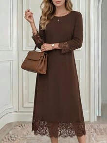 Holdful Holdful Women's Autumn Solid Color Round Neck Lace Cuff Patchwork Casual Dress - Coffee Brown - View 8