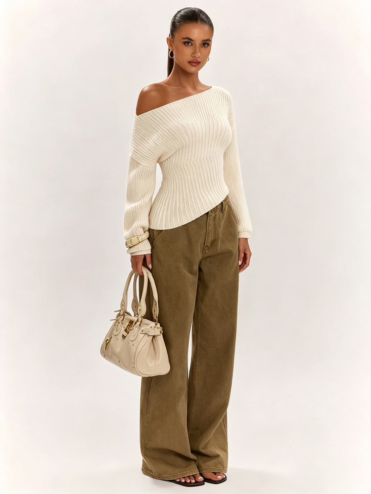 SHEIN BAE Sweater Rajut Kasual Model Pas Badan dengan Detail Kerut Warna Polos untuk Wanita, Cocok untuk Acara Malam Hari, Warna Cokelat Tua, Model Baru untuk Musim Gugur/Dingin. - Aprikot - View 3