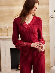 Moireta French Elegant Romantic V-Neck Lace Patchwork Long Sleeve Pants Pajama Set For Women - Burgundy - View 3