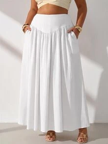 GalTyme Plus Size Minimalist Pleated Loose Long Skirt For Beach Vacation Fall - White - View 1