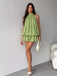 SHEIN Tall Spring/Summer Solid Color Sequin Cold Shoulder Women's Mini Dress - Green - View 4