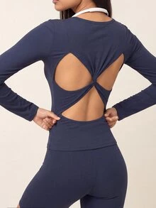 SHEIN BAE Setelan Olahraga Kasual Sehari-hari Wanita: Atasan Lengan Panjang dan Celana Pendek Warna Polos - Navy Blue - View 6