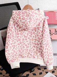 SHEIN Tween女孩針織豹紋圖案連帽開襟運動衫 - 粉色 - 查看 4