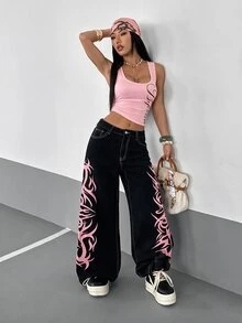 StreetHx Plus Size Letter Print Hip Hop Button Loose Fit Denim Jeans - Black - View 6