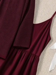 Rusticease Women's Solid Color Open Front Jacket And Ruffle Hem Cami Dress Casual 2 Pieces Set - Burgundy - View 5