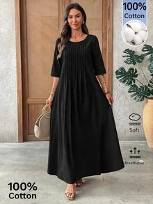 EMERY ROSE Women's Solid Color Round Neck Pleated Design Casual Boho Loose Long Dress Vacation Black Fall Vacation Vacation - Black - View 3