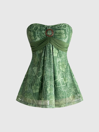 Hippie Top Bandeau con Estampado de Hibisco Y2K para Mujer