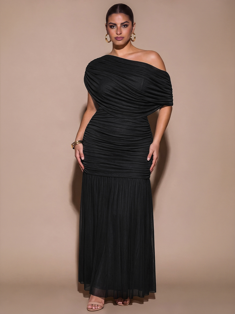 SHEIN BAE CURVE Plus Size Women's Apricot Long Dress, Elegant Party Dress - Black - View 2