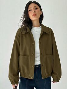 Aloruh Women's Solid Color Long Sleeve Single-Breasted Casual Jacket - Army Green - View 4