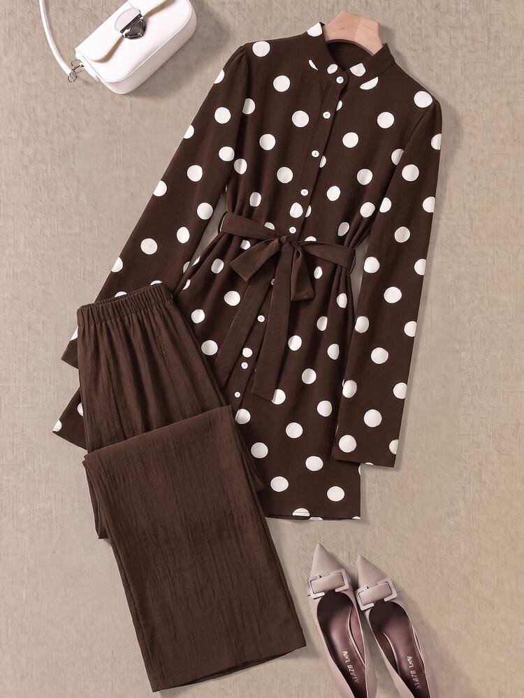 Rusticease Setelan 2 Potong Motif Polkadot Wanita, Pola Polkadot Minimalis Kasual, Cocok untuk Acara Musim Gugur/Musim Dingin, Desain Pita Elegan yang Mempertegas Pinggang - MultiWarna - View 6