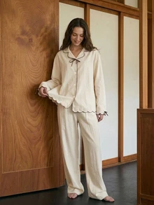Livesso Women's Color Block Bow Decor Long Sleeve Top And Pants Casual Daily Pajama Set - Beige - View 11