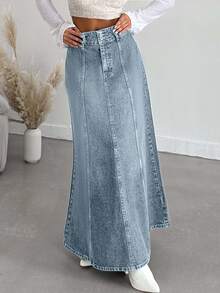 SHEIN Tall Tall High Waist Casual Style Light Blue Wash Regular Fit Double Button Long Denim Skirt - Light Wash - View 5