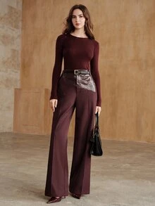 Anewsta Women's Elegant Burgundy Loose Fit Pants, Urban Modern, Casual Commute - Burgundy - View 4