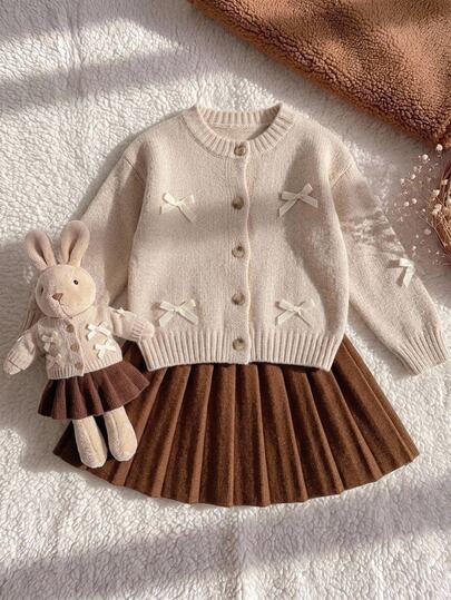 SHEIN Young Girl Solid Color Knit Crew Neck 3D Bow Casual Cardigan Sweater
